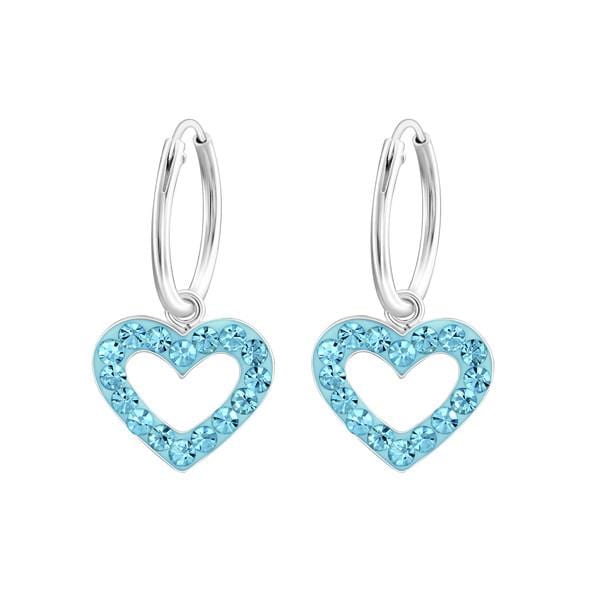 Kids 925 sterling silver hoop earrings with aqua crystal open-heart charms, 12 x 11 mm pendants and polished 14 mm hoops, available in Australia.