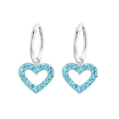Kids 925 sterling silver hoop earrings with aqua crystal open-heart charms, 12 x 11 mm pendants and polished 14 mm hoops, available in Australia.
