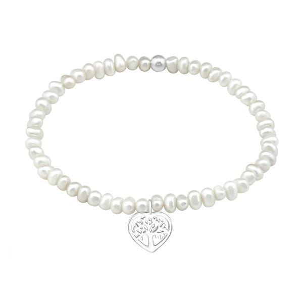 Pretty White Pearl Bracelet with  Silver Tree of Life Charm