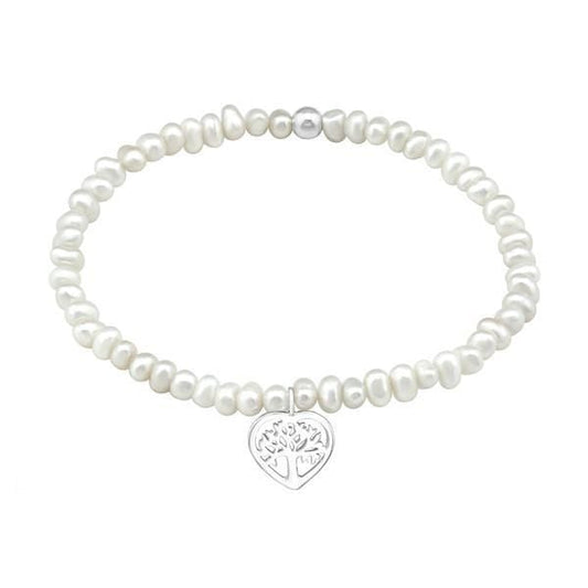 Pretty White Pearl Bracelet with  Silver Tree of Life Charm
