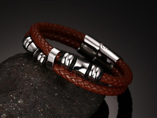 Steel Beads Brown Leather Bracelet