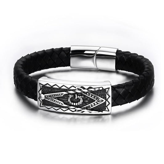 Stainless Steel Masonic Leather Bracelet