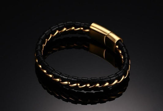 Steel Gold Leather Bracelet