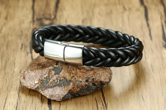Stainless Steel Magnetic Clasp Leather Bracelet