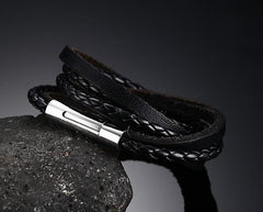 Stainless Steel Black Leather Bracelet