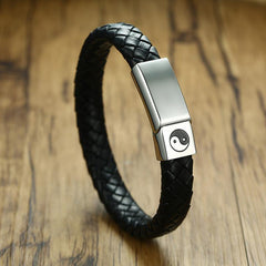 Mens Black Leather Bracelets with Steel Clasp