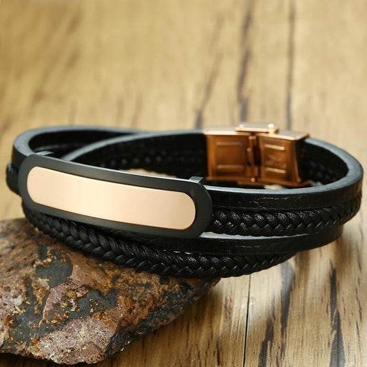 Rose Gold Stainless Steel ID Leather Bracelet