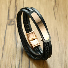 Rose Gold Stainless Steel ID Leather Bracelet