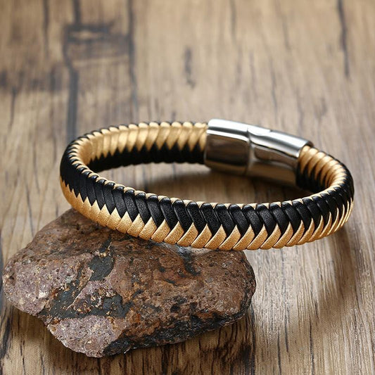 Stainless Steel Gold Adjustable Male Leather Bracelet