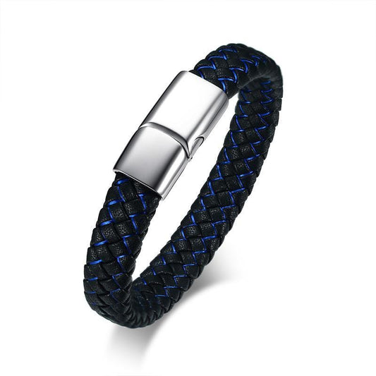 Stainless Steel Black and Blue Geniune Leather Bracelet