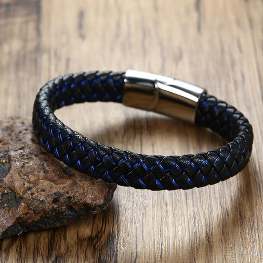 Stainless Steel Black and Blue Geniune Leather Bracelet