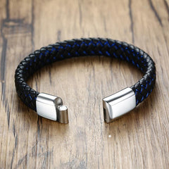 Stainless Steel Black and Blue Geniune Leather Bracelet