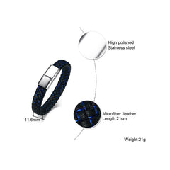 Stainless Steel Black and Blue Geniune Leather Bracelet