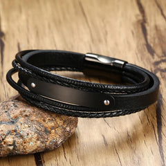 Stainless Steel Black Leather ID Bracelet