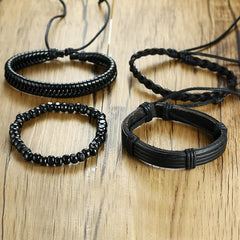 Mens Beads and Leather Bracelet Set