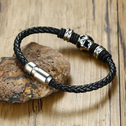 Stainless Steel Football Magnetic Leather Bracelet