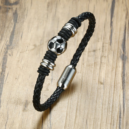 Stainless Steel Football Magnetic Leather Bracelet