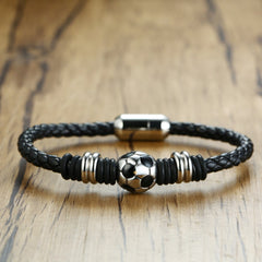 Stainless Steel Football Magnetic Leather Bracelet