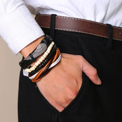 Mens Multilayer Leather Charm Bracelet Set
