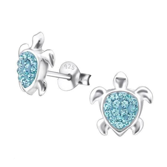 Silver Kids Aquamarine Turtle Stud Earrings With Swarovski Crystal