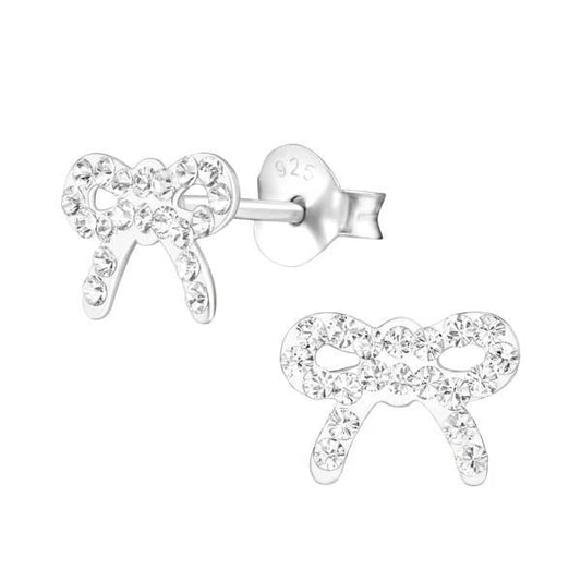 Silver Kids Crystal Bow Stud Earrings With Swarovski Crystal