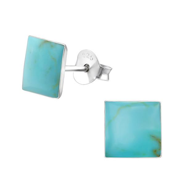 Sterling silver square stud earrings with green turquoise-coloured 7 mm centres, polished edges and butterfly backs, gift boxed in Australia.