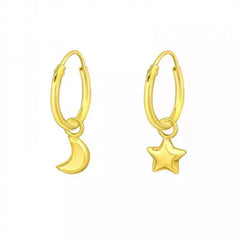 Silver Gold Hanging Moon and Star Hoops Earrings