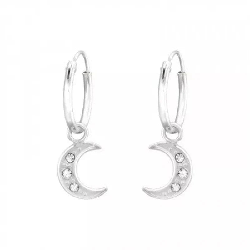 Silver Hanging Moon Hoops Earrings