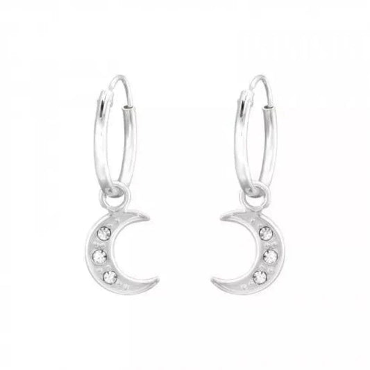 Silver Hanging Moon Hoops Earrings