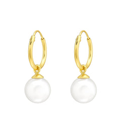 Gold White Pearl Hanging Hoop Earrings