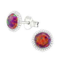 Sterling Silver Carmine Round Ear Studs