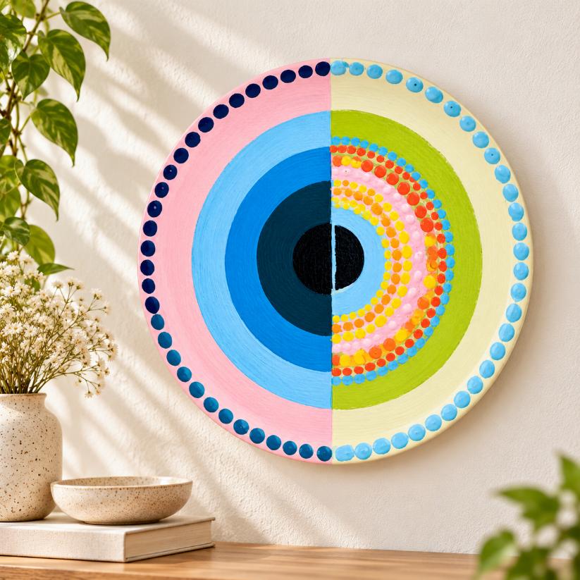 Chromatic Eye Abstract Geometric Ceramic Decorative Wall Plate displayed on a wall