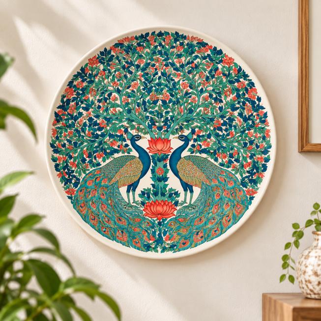 Peacock Lotus Tree of Life Wall Plate displayed on a wall