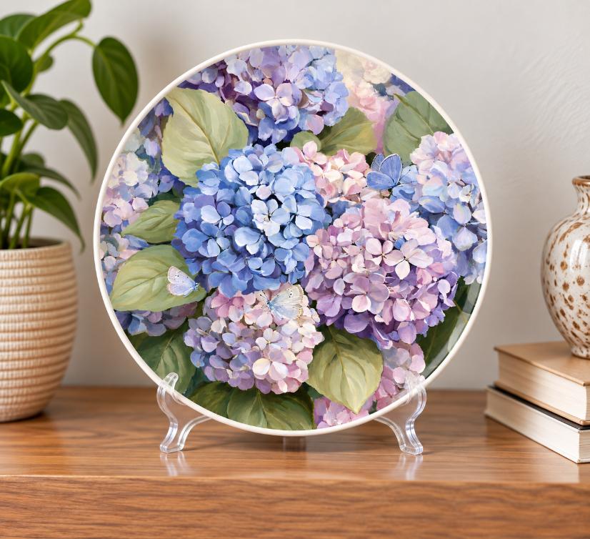 Pastel Hydrangea Butterfly Garden Wall Plate on a tabletop stand