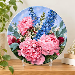 Blush Peony & Blue Delphinium Floral Wall Plate on a tabletop stand