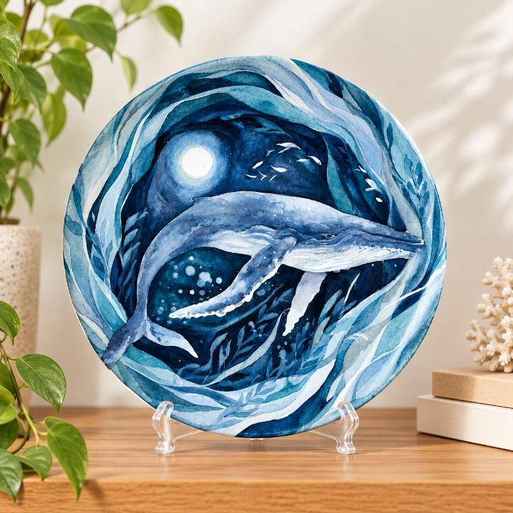 Moonlit Blue Whale Ocean Wall Plate on a tabletop stand
