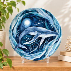 Moonlit Blue Whale Ocean Wall Plate on a tabletop stand