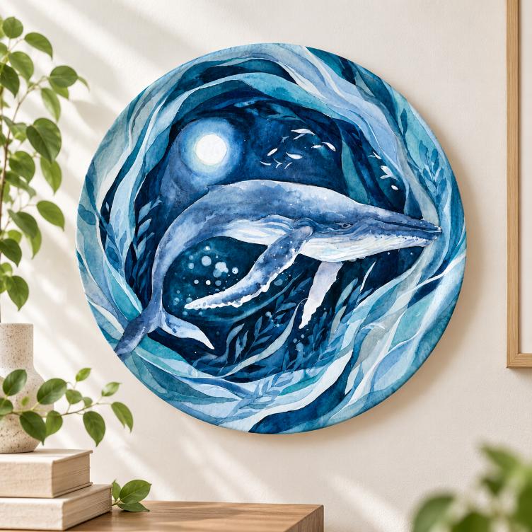 Moonlit Blue Whale Ocean Wall Plate displayed on a wall