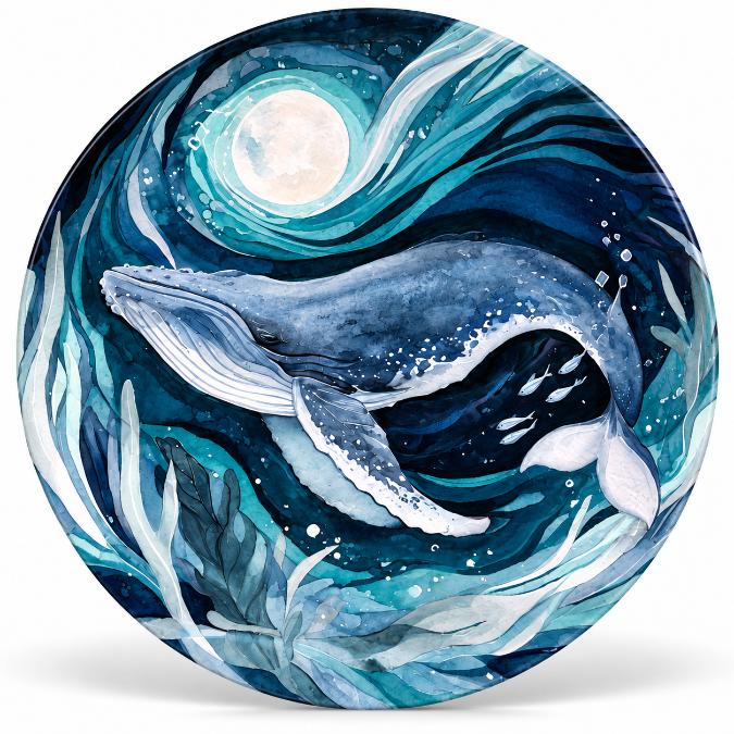 Moonlit Whale Deep Blue Ocean Wall Plate