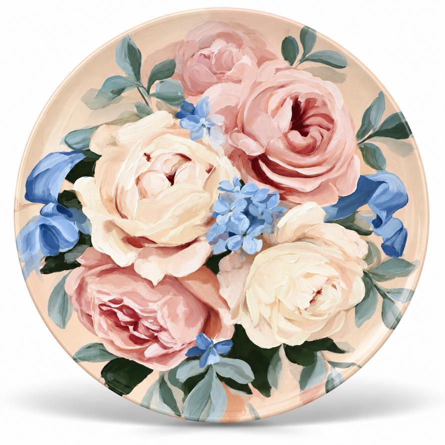 Blush Rose & Blue Blossom Floral Wall Plate