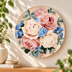 Blush Rose & Blue Blossom Floral Wall Plate displayed on a wall