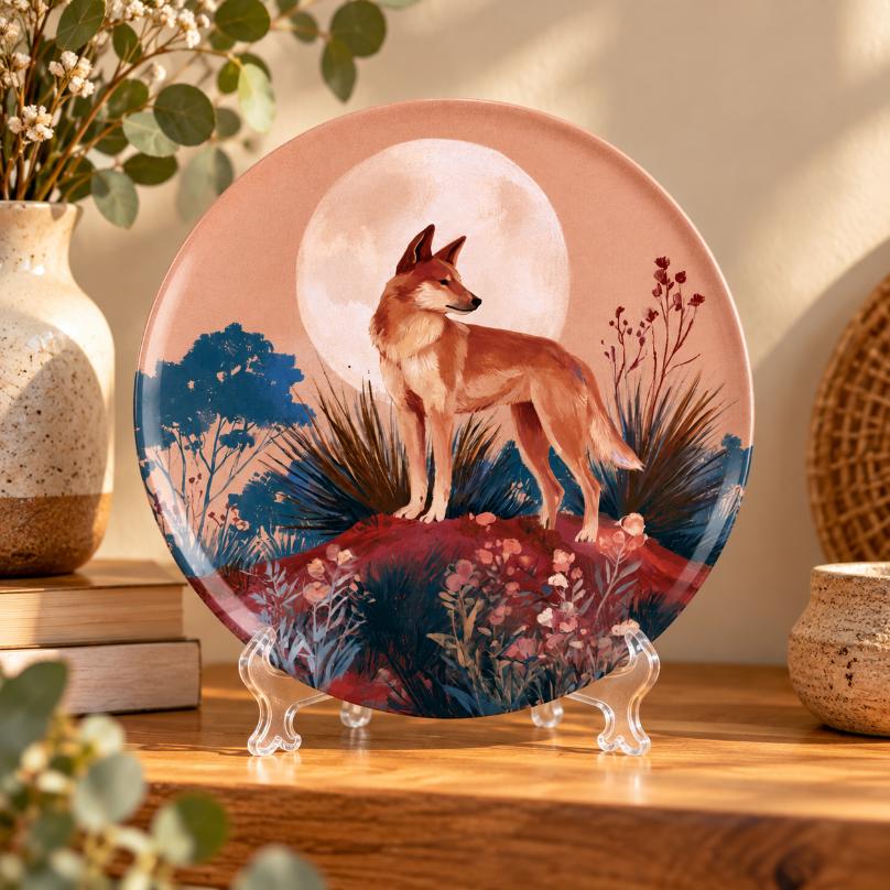 Coyote Beneath the Full Moon Decorative Wall Plate on a tabletop stand