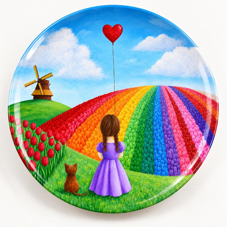 Rainbow Tulip Dream Girl and Cat Wall Plate