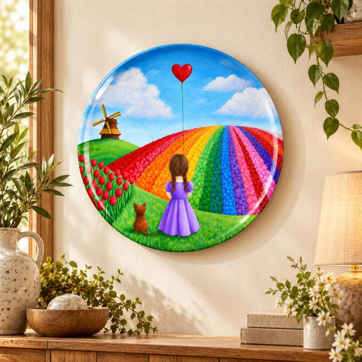 Rainbow Tulip Dream Girl and Cat Wall Plate displayed on a wall