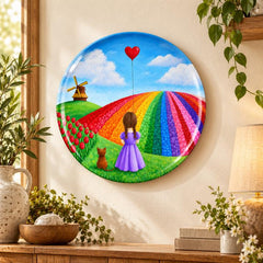 Rainbow Tulip Dream Girl and Cat Wall Plate displayed on a wall