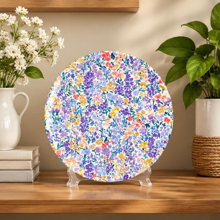 Pastel Wildflower Meadow Wall Plate on a tabletop stand