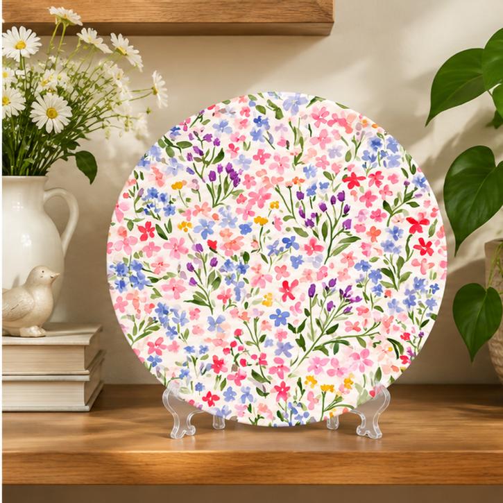 Pastel Meadow Wildflower Wall Plate on a tabletop stand