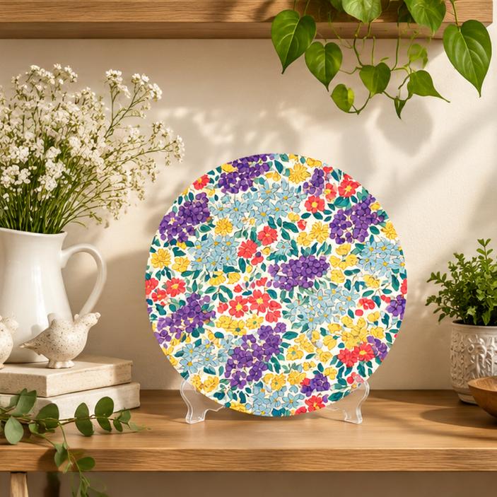 Colourful Botanical Flower Garden Wall Plate on a tabletop stand