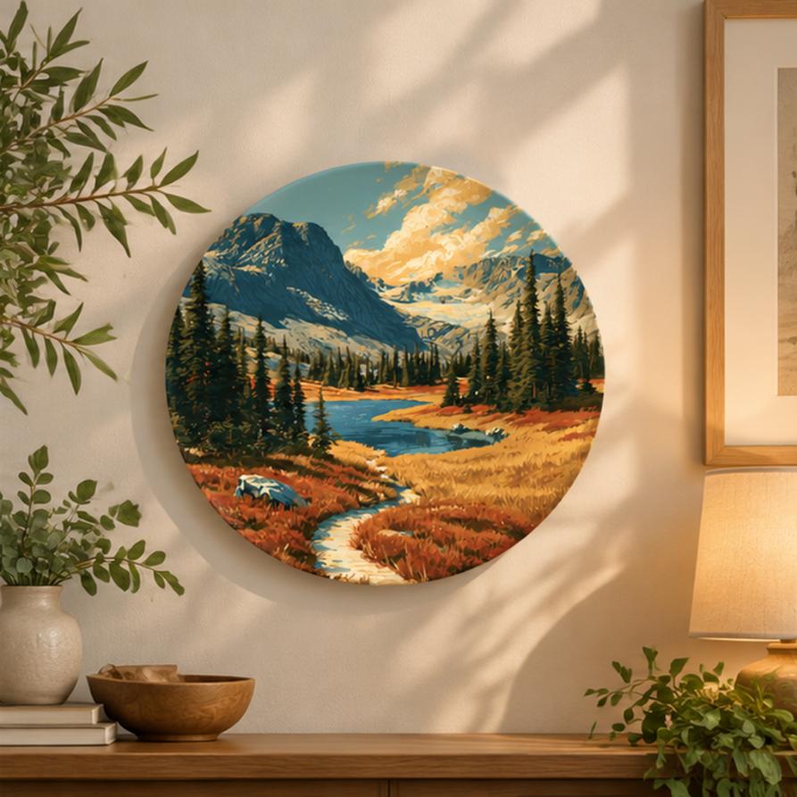 Alpine Lake Golden Hour Landscape Wall Plate displayed on a wall