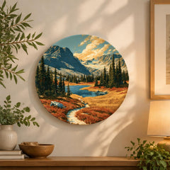 Alpine Lake Golden Hour Landscape Wall Plate displayed on a wall